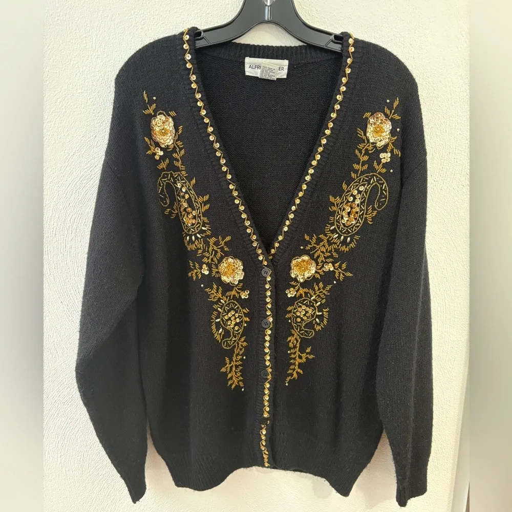 Alfred Dunner Black Cardigan with Gold Embroidery - Picture 1 of 8